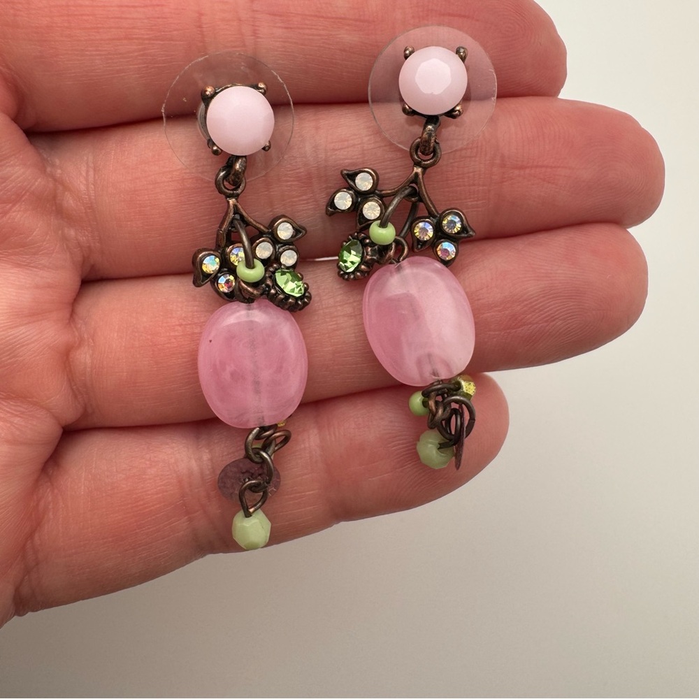 Anthropologie Pink Floral Crystal Drop Earrings Mint Green Statement - Picture 4 of 10